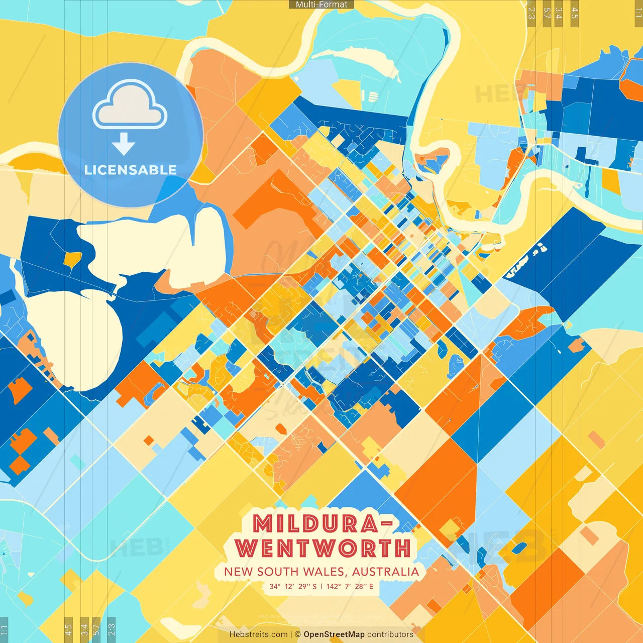 Mildura–Wentworth, New South Wales, Australia blue and orange vector art map template