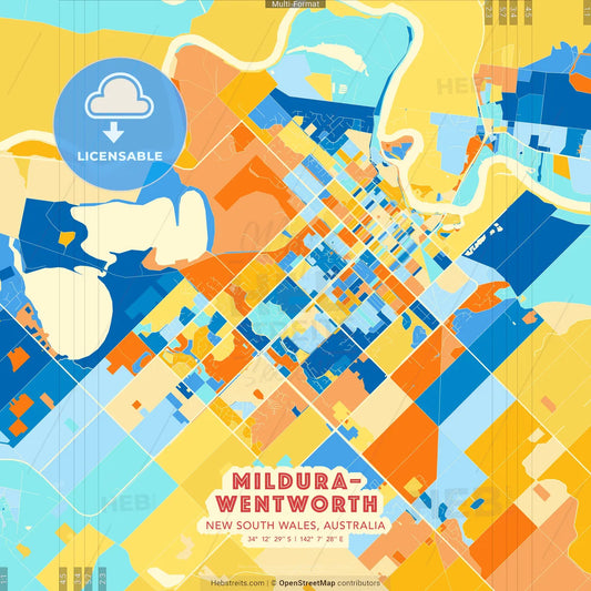 Mildura–Wentworth, New South Wales, Australia blue and orange vector art map template