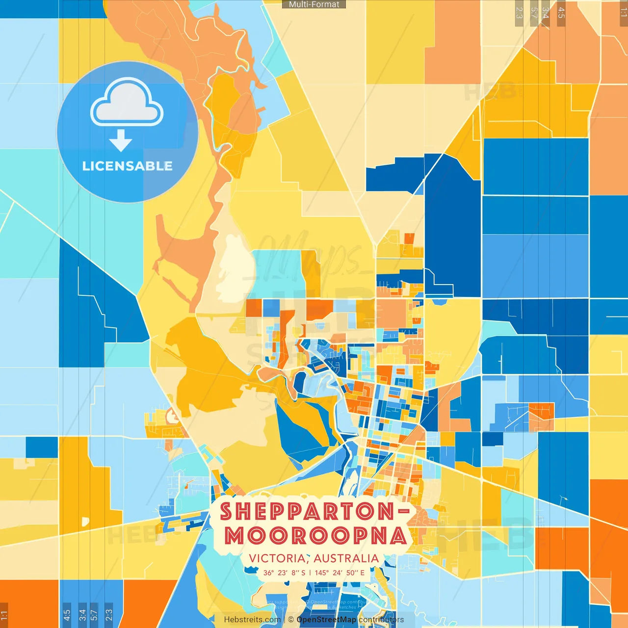 Shepparton–Mooroopna, Victoria, Australia blue and orange vector art map template