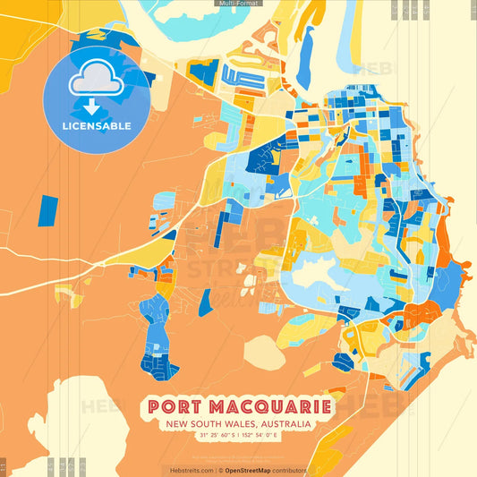 Port Macquarie, New South Wales, Australia blue and orange vector art map template