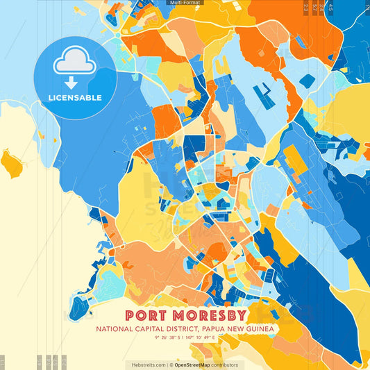 Port Moresby, National Capital District, Papua New Guinea blue and orange vector art map template