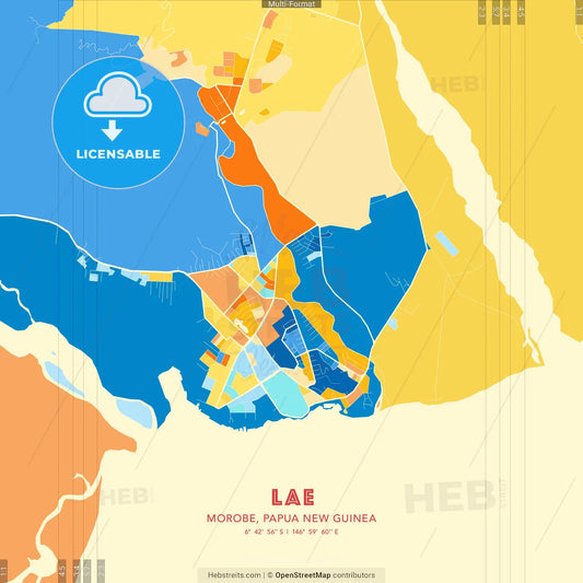 Lae, Morobe, Papua New Guinea blue and orange vector art map template