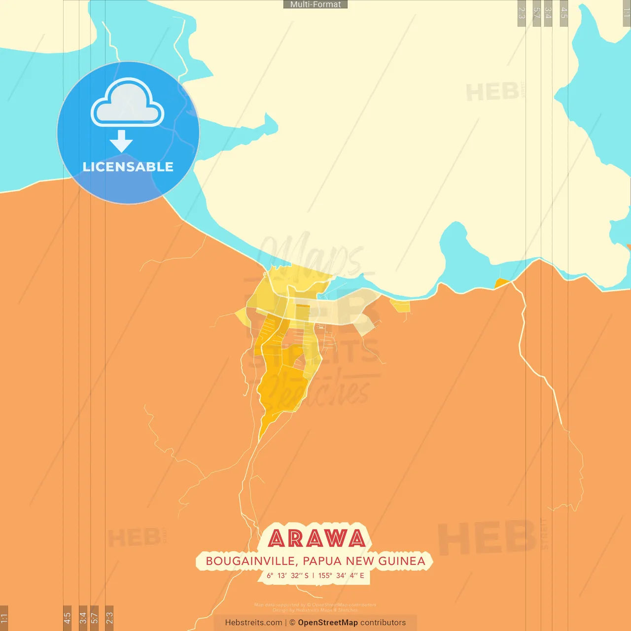 Arawa, Bougainville, Papua New Guinea blue and orange vector art map template