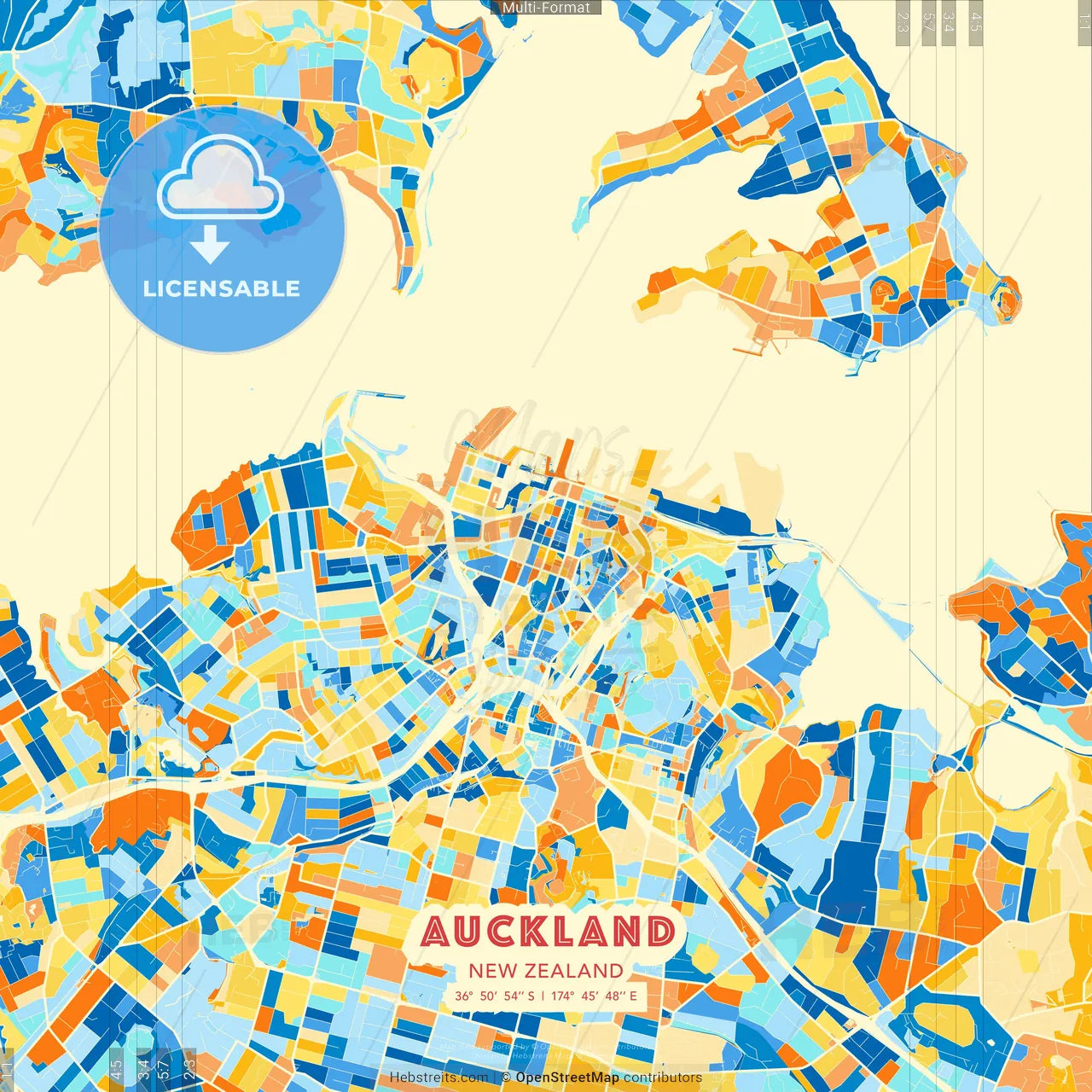 Auckland, New Zealand blue and orange vector art map template