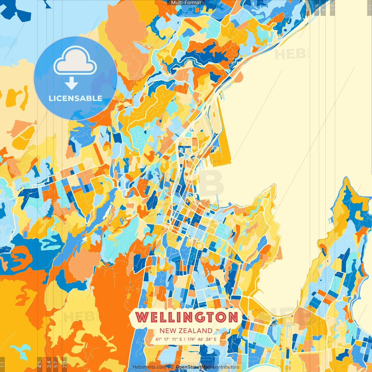 Wellington, New Zealand blue and orange vector art map template