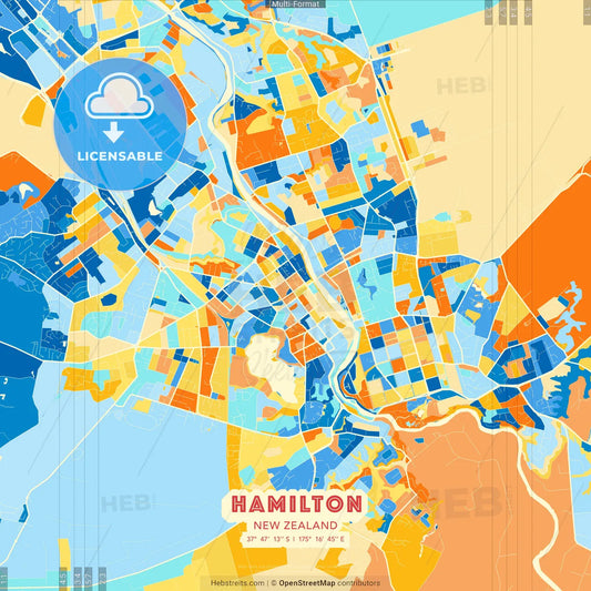 Hamilton, New Zealand blue and orange vector art map template