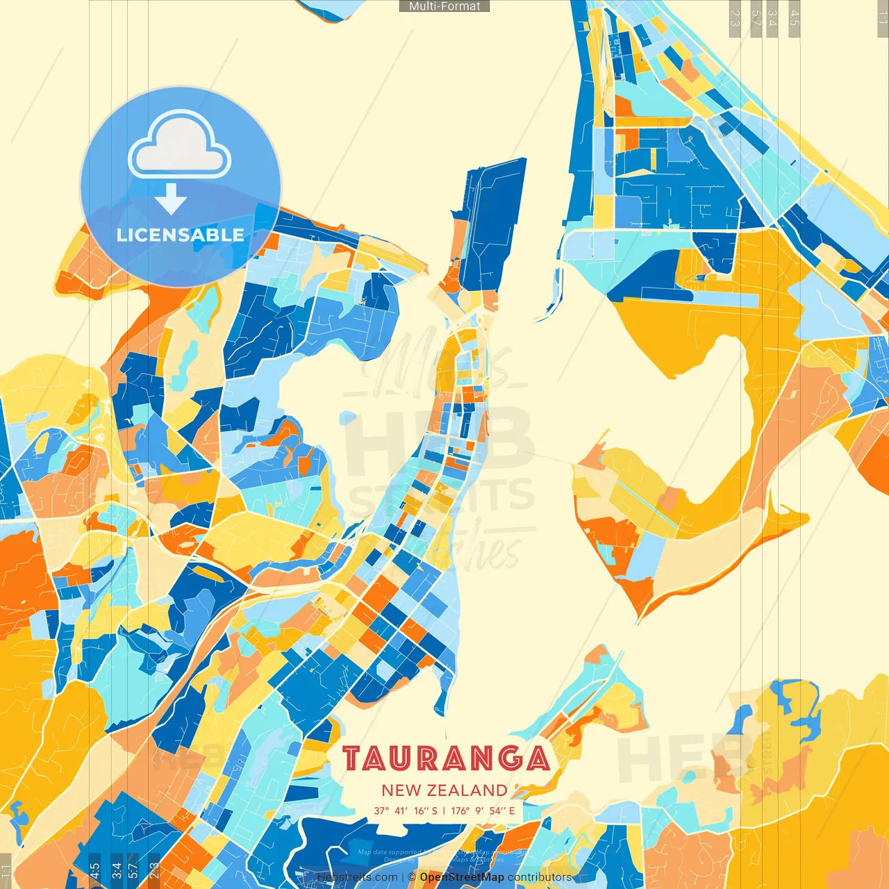 Tauranga, New Zealand blue and orange vector art map template