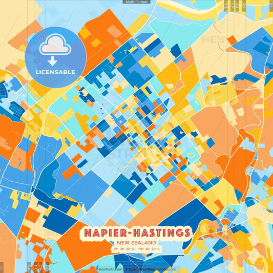 Napier-Hastings, New Zealand blue and orange vector art map template