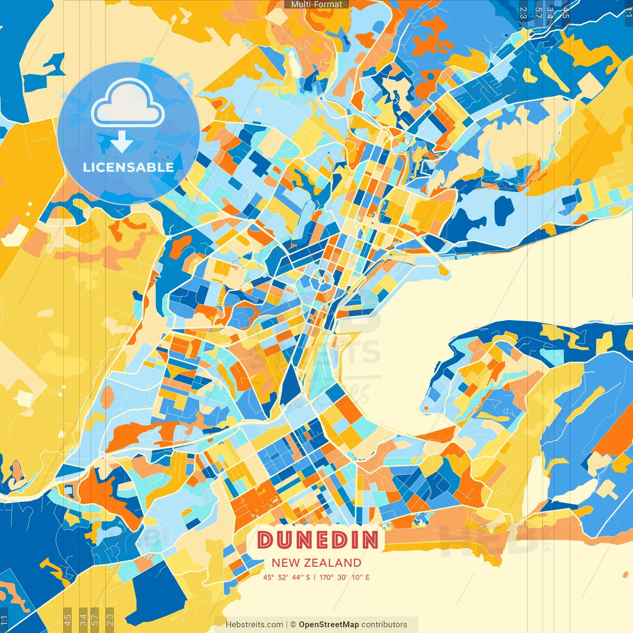 Dunedin, New Zealand blue and orange vector art map template