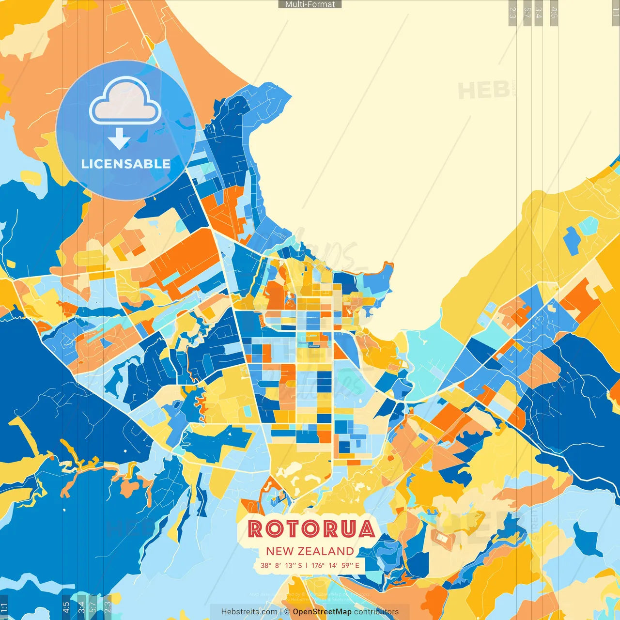 Rotorua, New Zealand blue and orange vector art map template