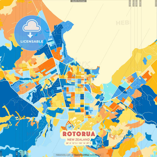 Rotorua, New Zealand blue and orange vector art map template