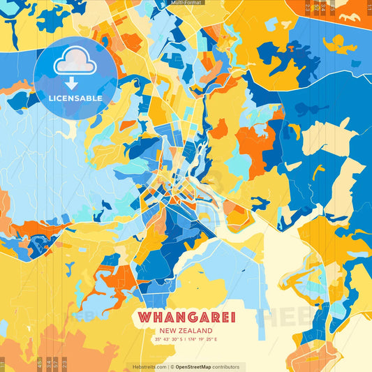 Whangarei, New Zealand blue and orange vector art map template