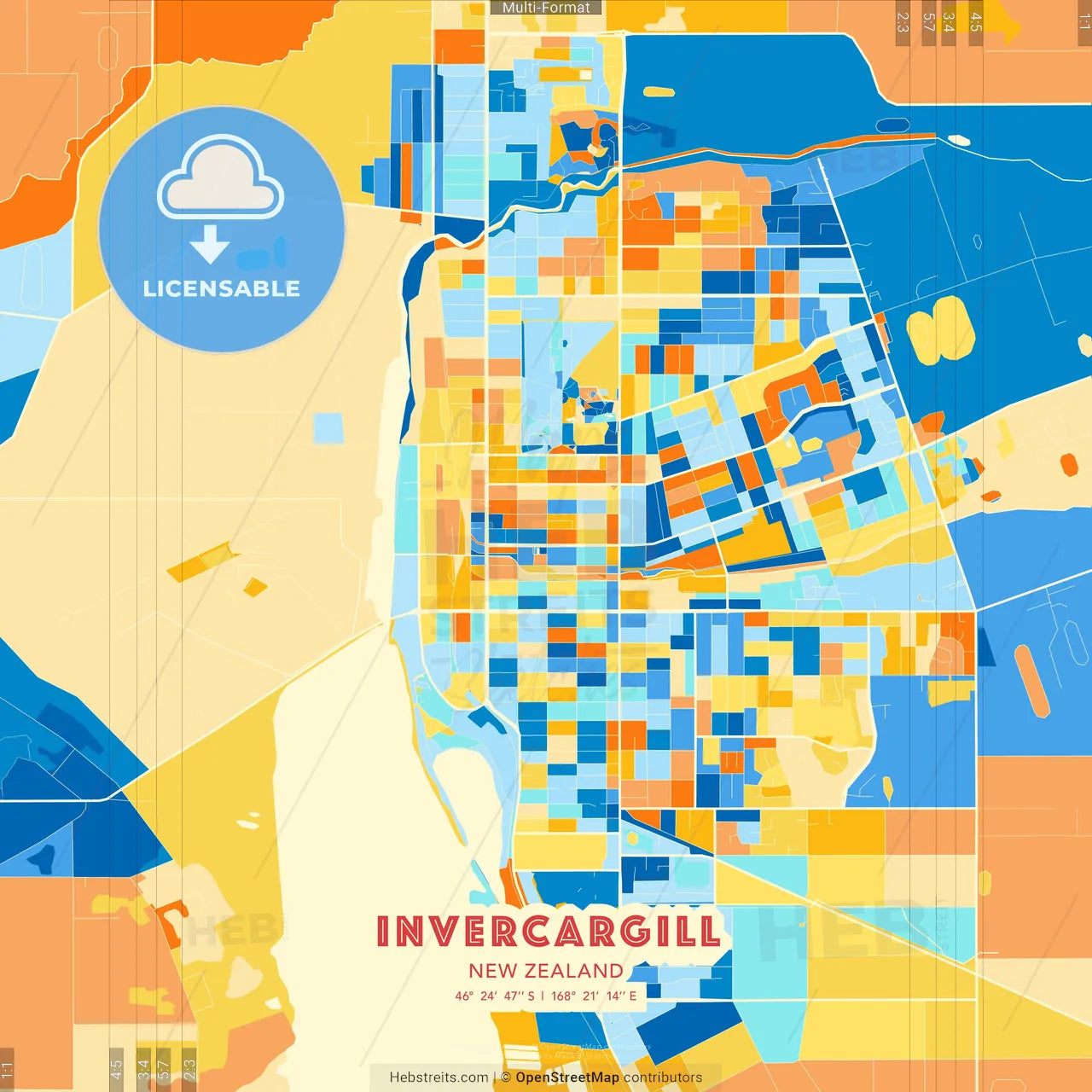 Invercargill, New Zealand blue and orange vector art map template