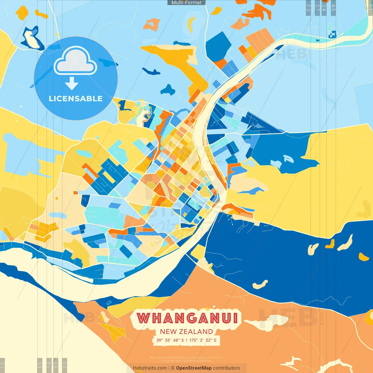 Whanganui, New Zealand blue and orange vector art map template