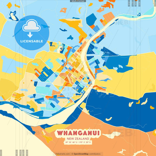 Whanganui, New Zealand blue and orange vector art map template