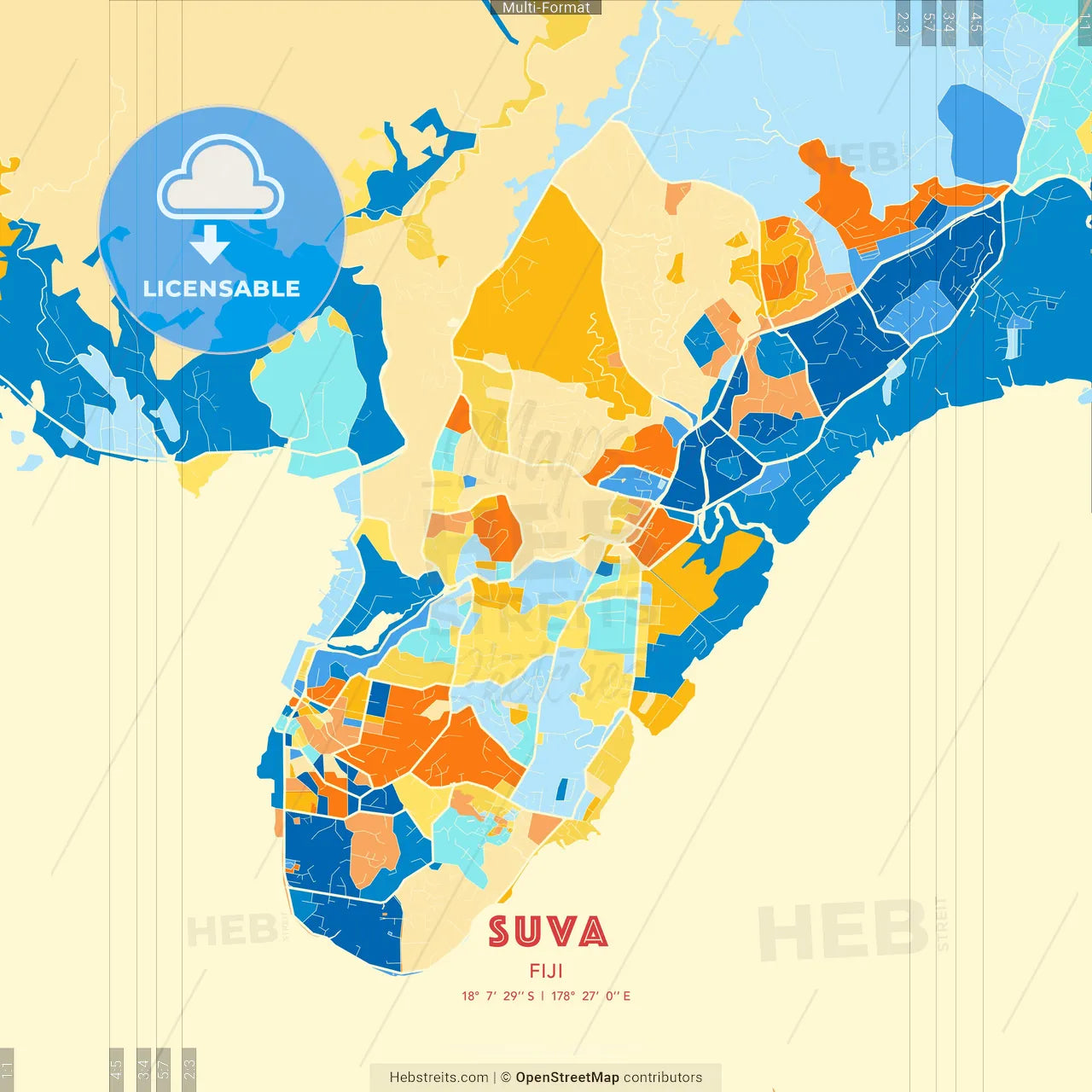 Suva, Fiji blue and orange vector art map template