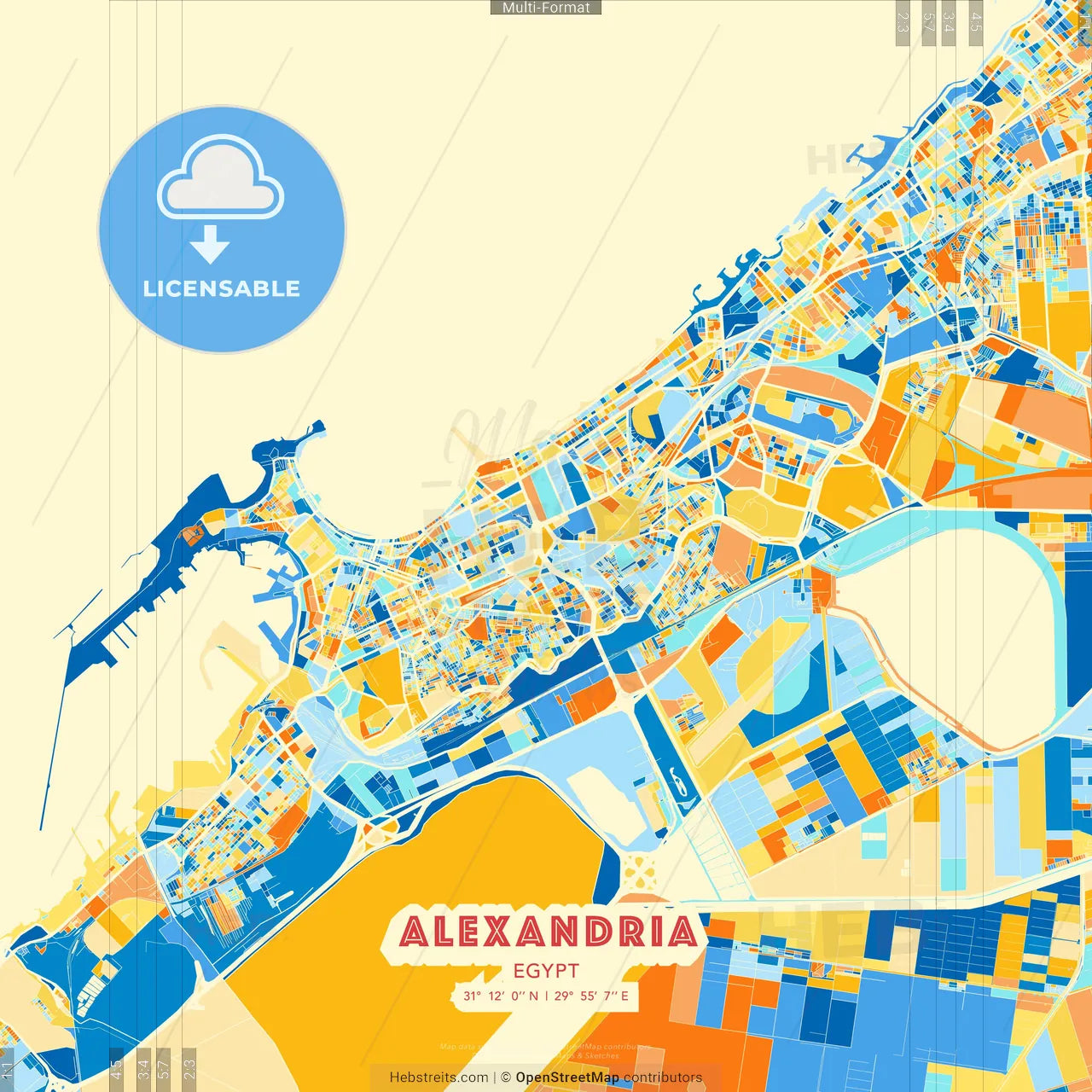 Alexandria, Egypt blue and orange vector art map template