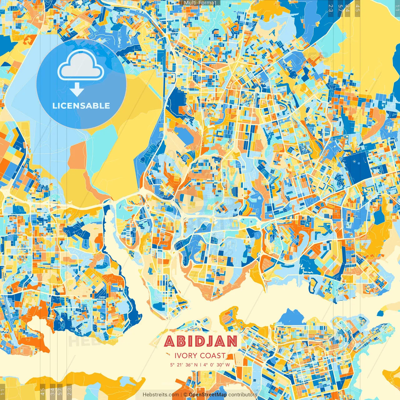 Abidjan, Ivory Coast blue and orange vector art map template