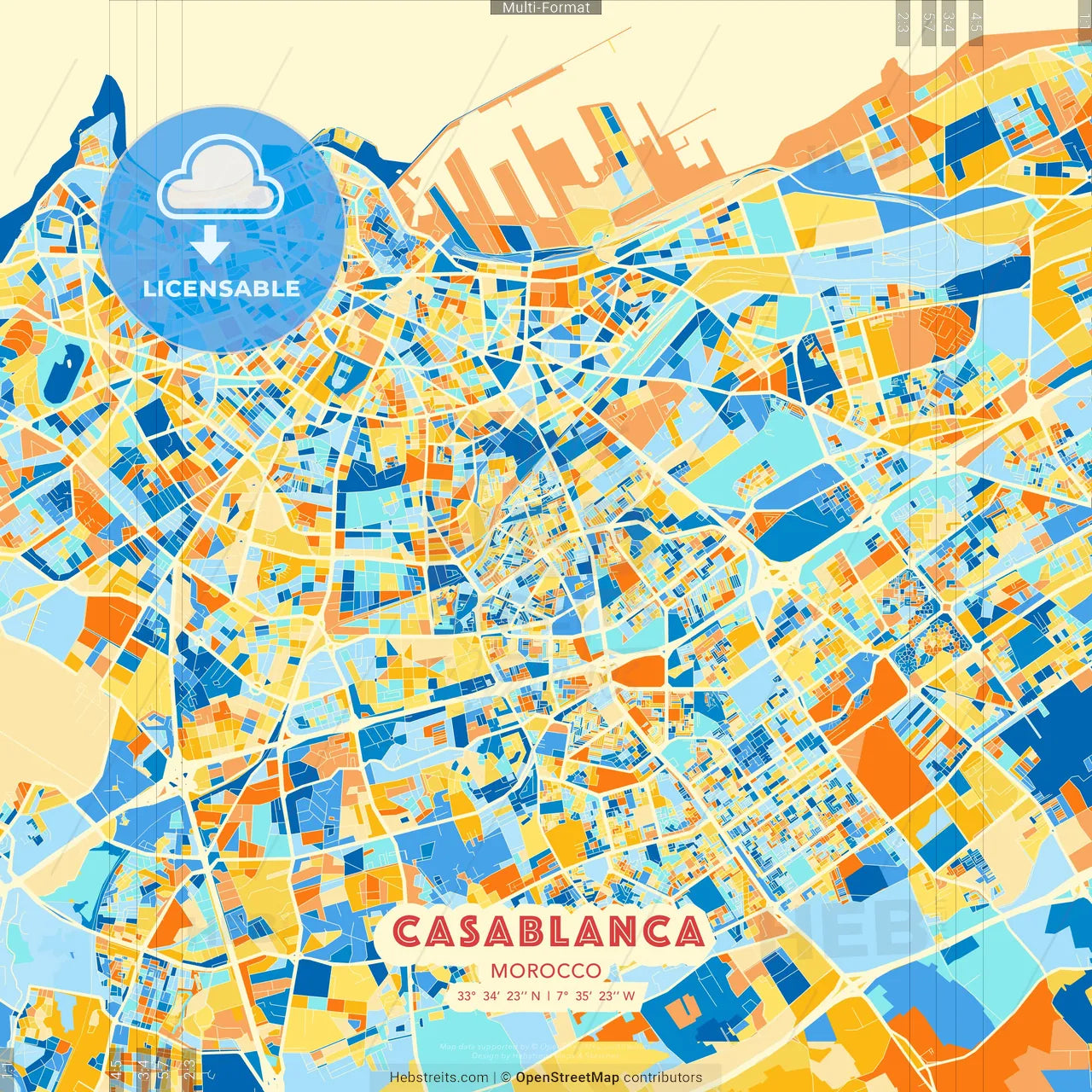 Casablanca, Morocco blue and orange vector art map template