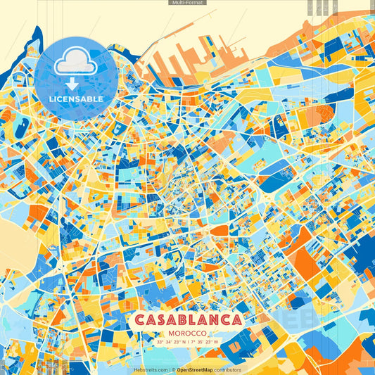 Casablanca, Morocco blue and orange vector art map template