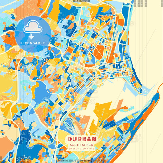 Durban, South Africa blue and orange vector art map template