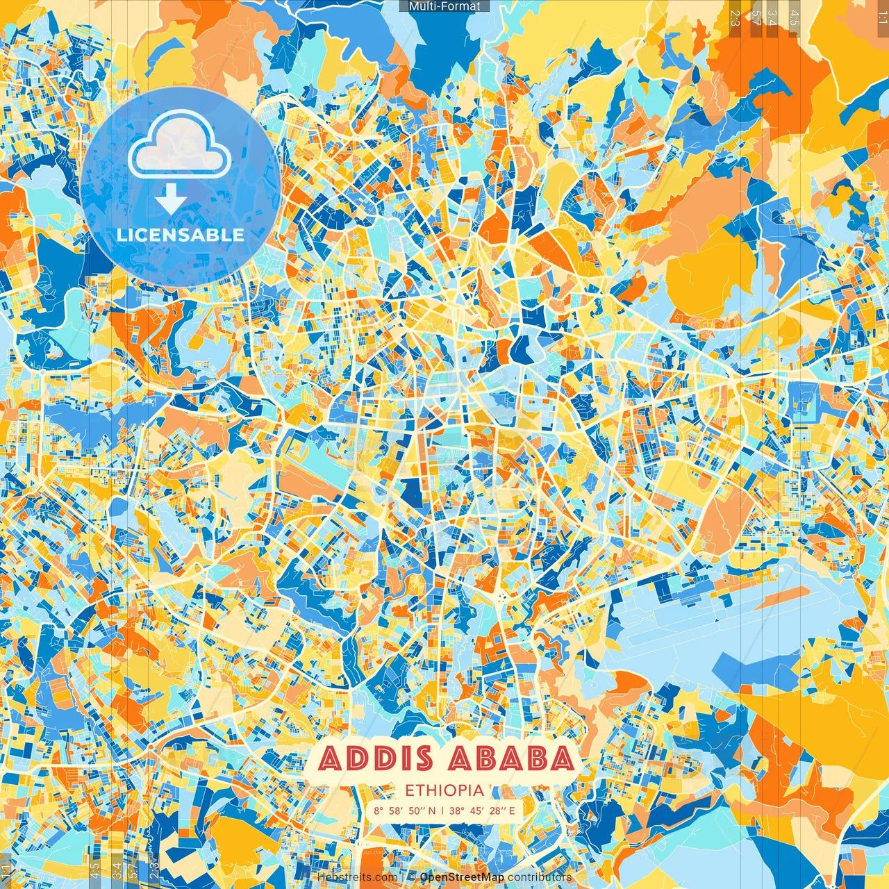 Addis Ababa, Ethiopia blue and orange vector art map template
