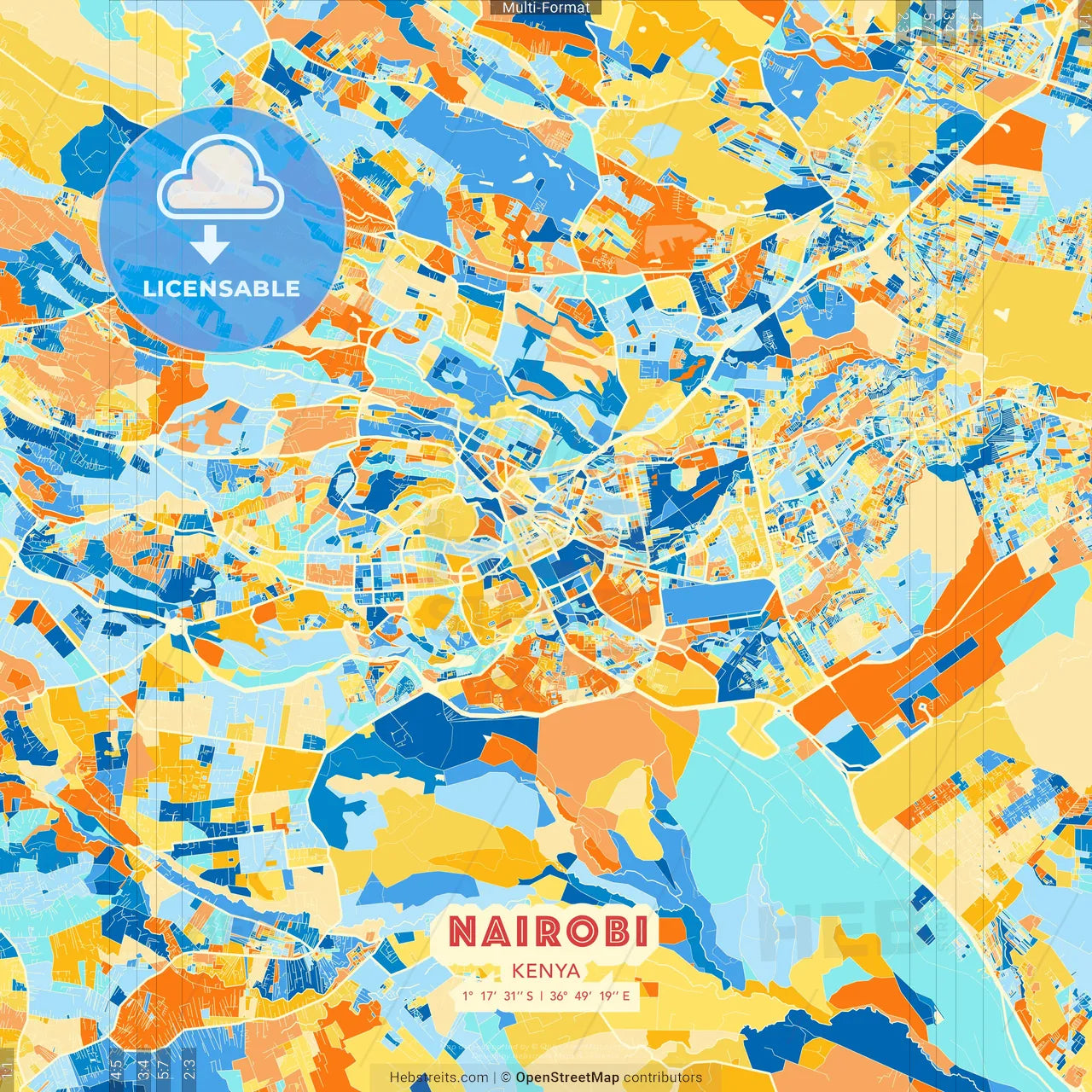 Nairobi, Kenya blue and orange vector art map template