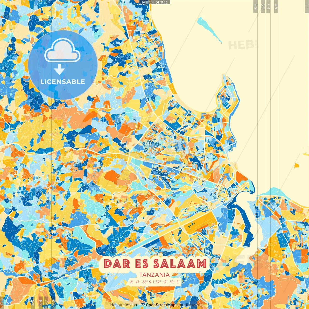 Dar es Salaam, Tanzania blue and orange vector art map template