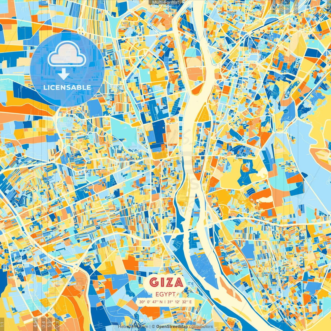 Giza, Egypt blue and orange vector art map template