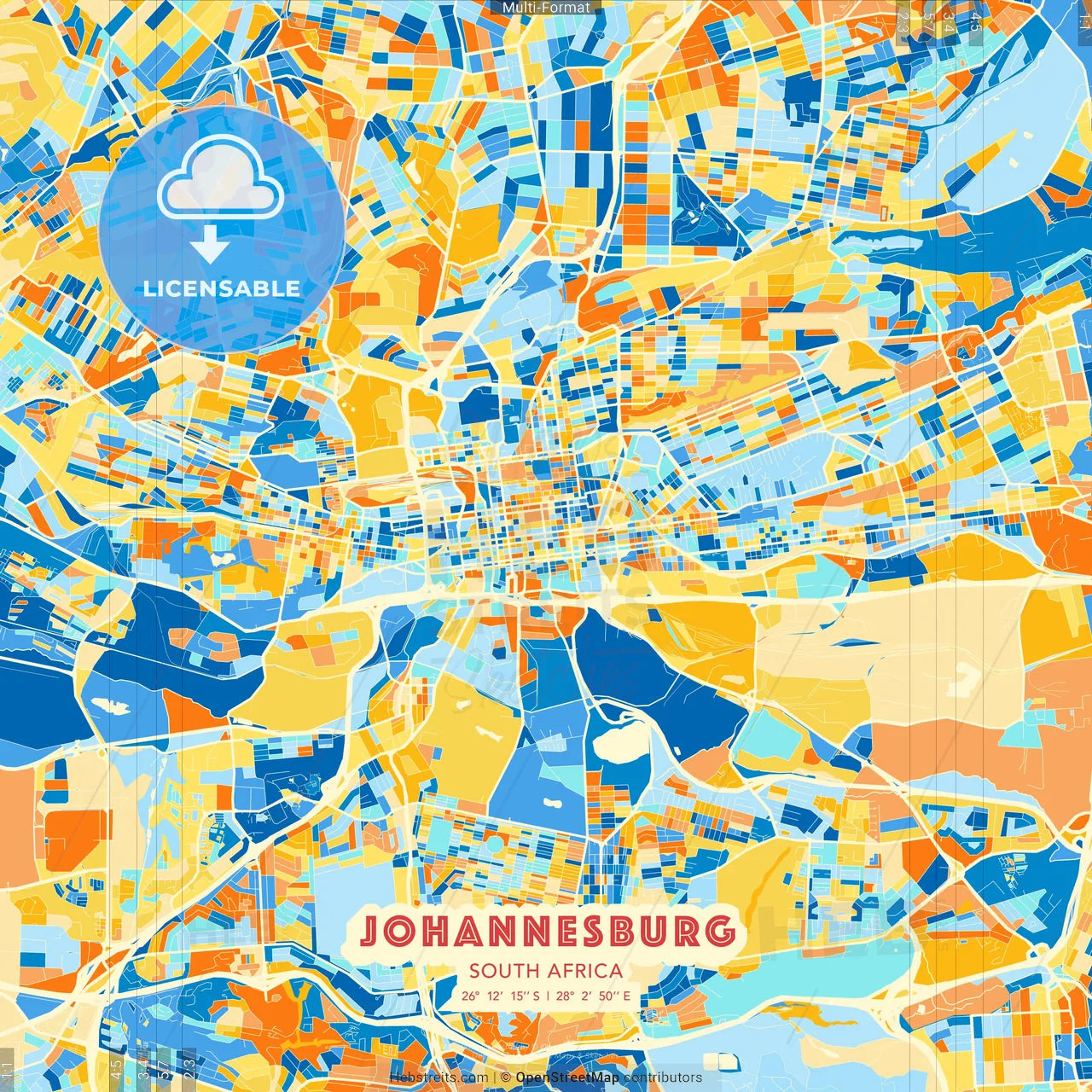 Johannesburg, South Africa blue and orange vector art map template