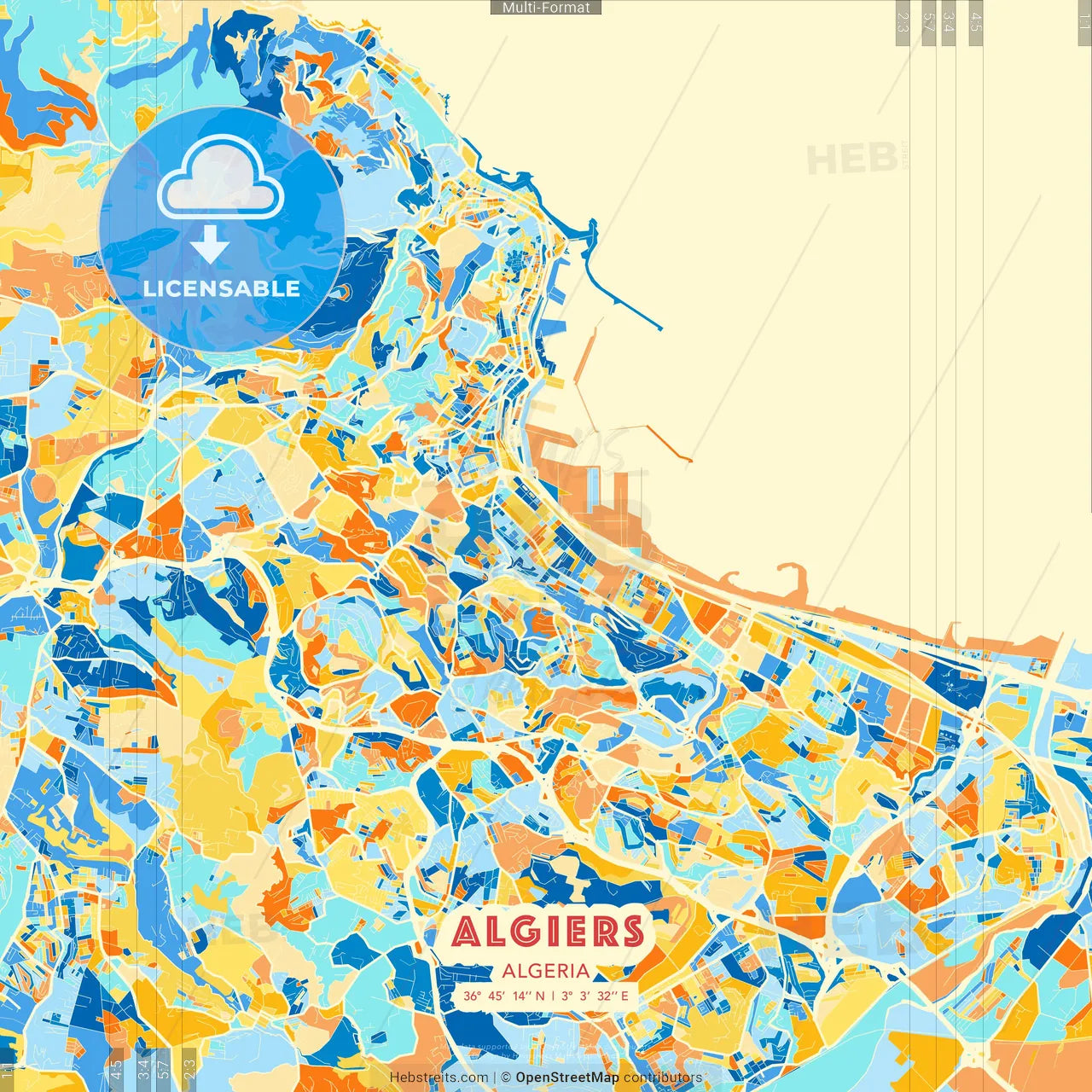 Algiers, Algeria blue and orange vector art map template