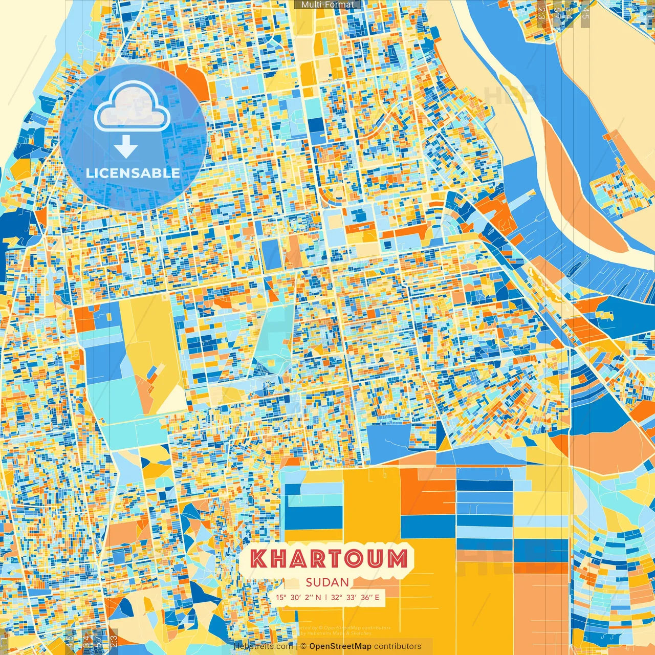 Khartoum, Sudan blue and orange vector art map template