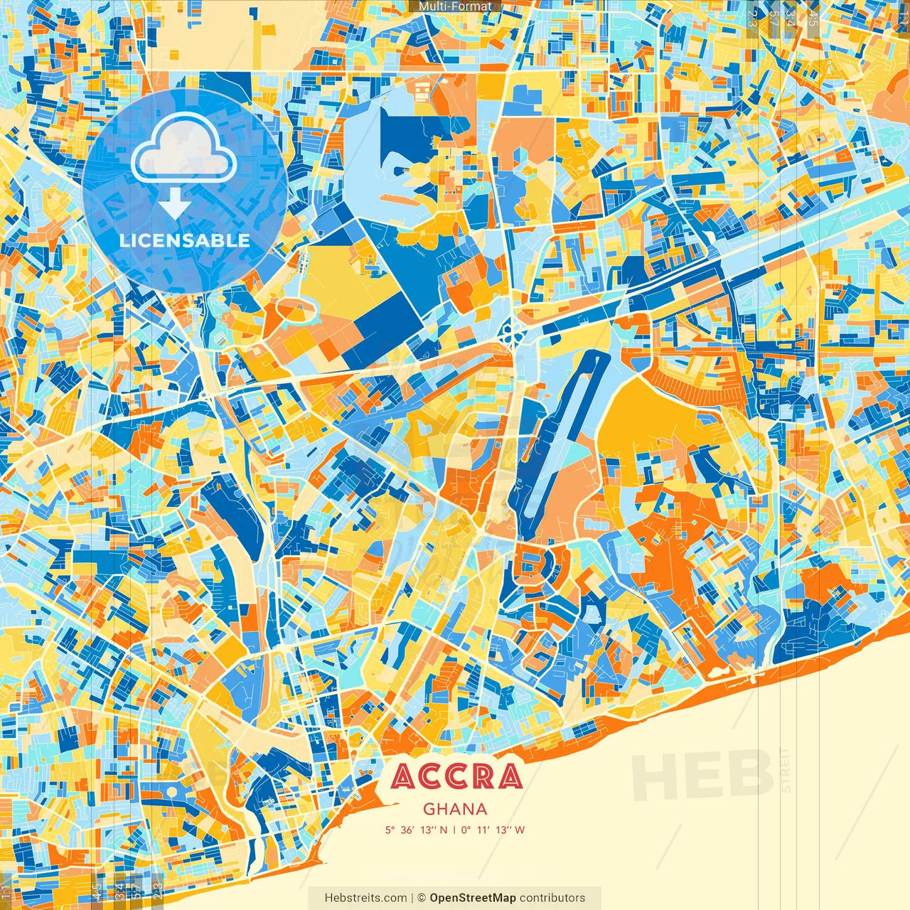 Accra, Ghana blue and orange vector art map template