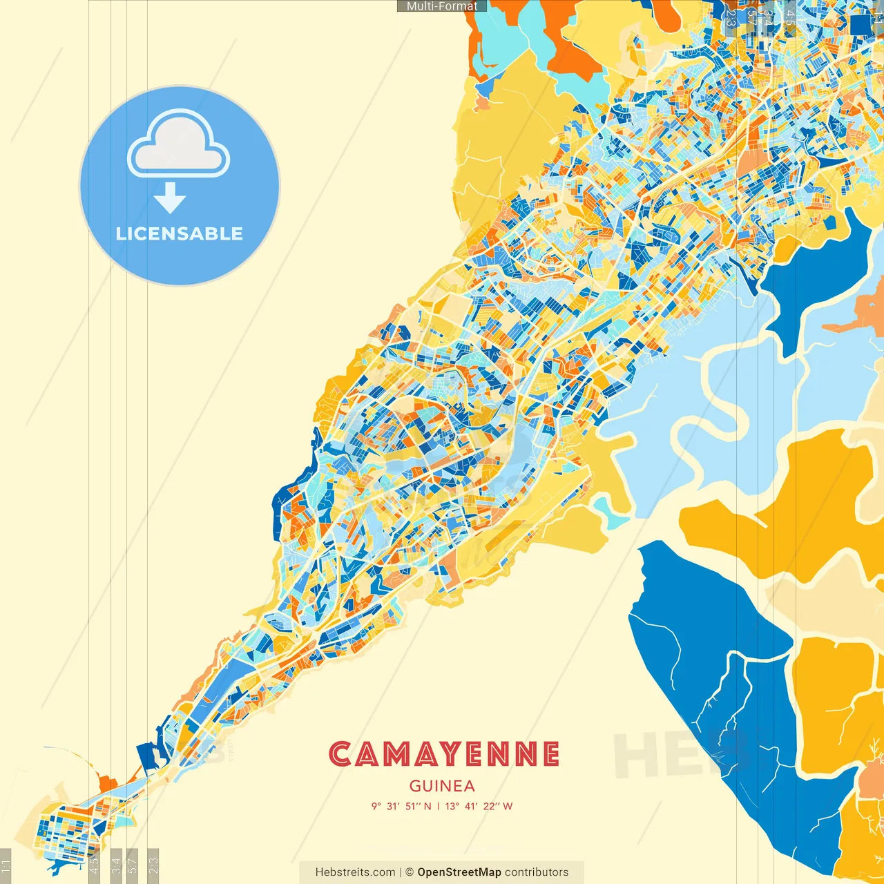 Camayenne, Guinea blue and orange vector art map template