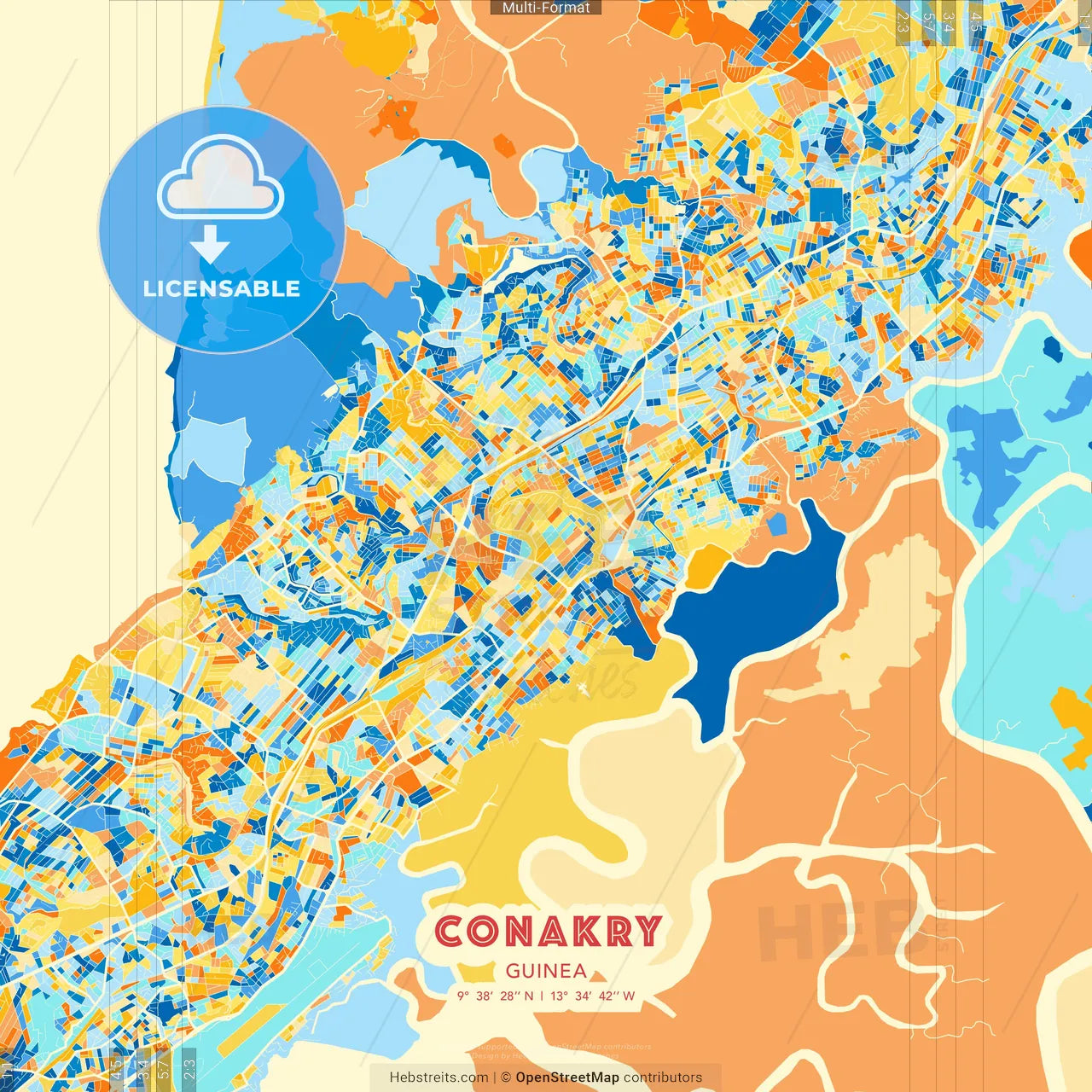 Conakry, Guinea blue and orange vector art map template
