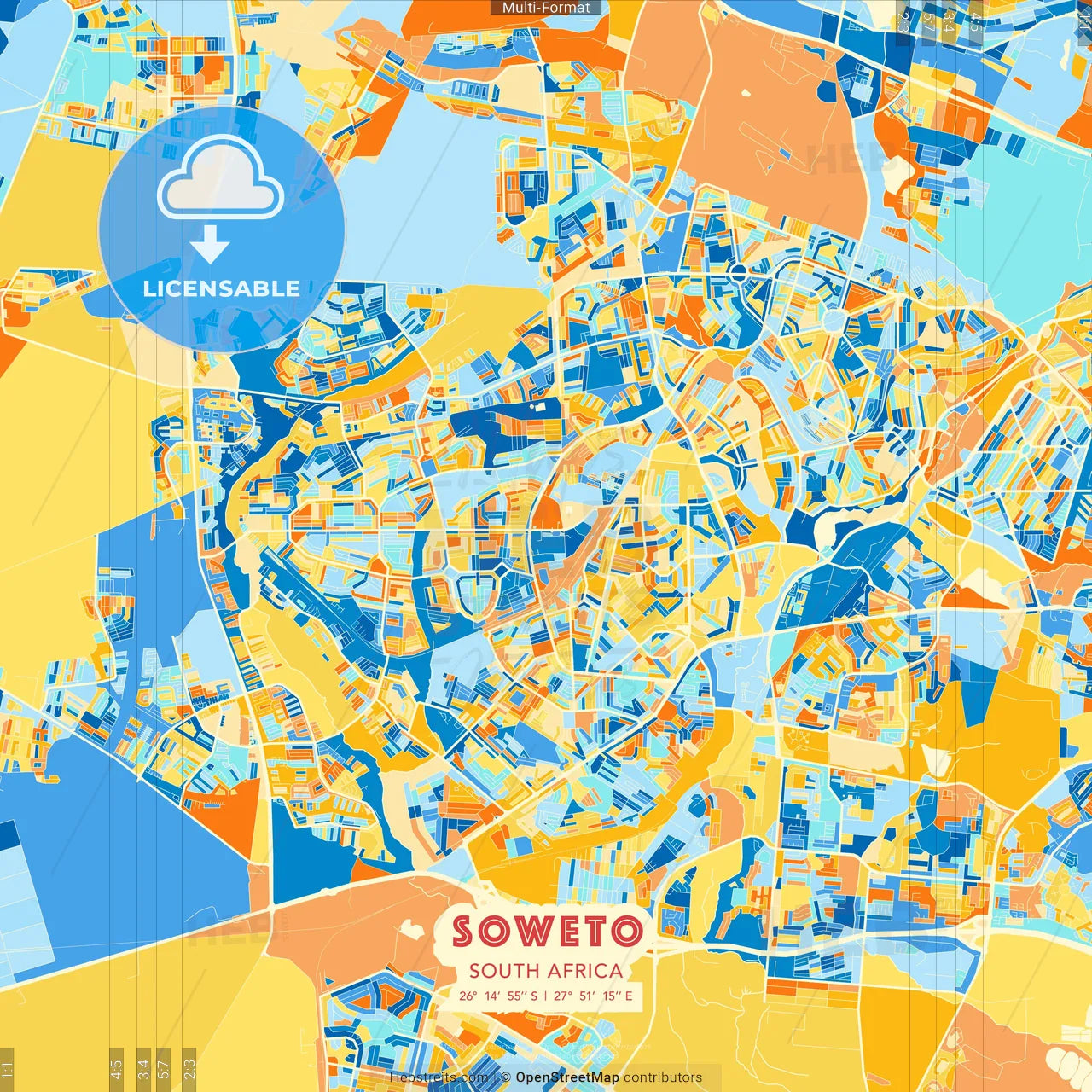 Soweto, South Africa blue and orange vector art map template