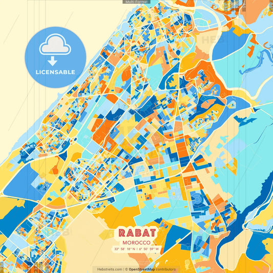 Rabat, Morocco blue and orange vector art map template