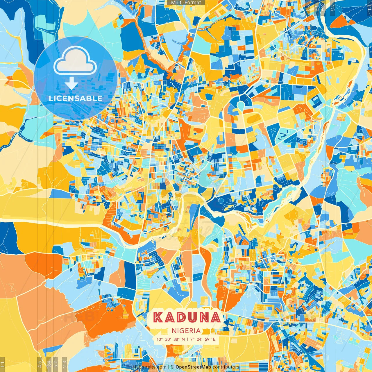 Kaduna, Nigeria blue and orange vector art map template