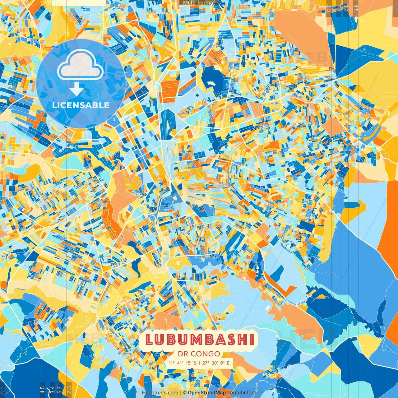 Lubumbashi, DR Congo blue and orange vector art map template