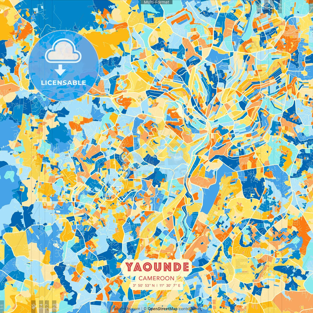 Yaounde, Cameroon blue and orange vector art map template