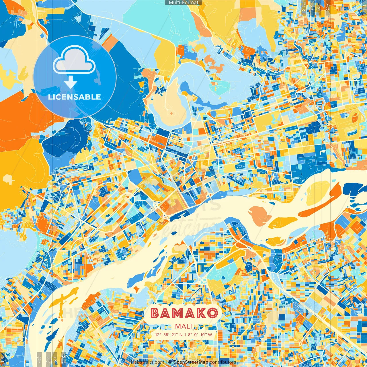 Bamako, Mali blue and orange vector art map template