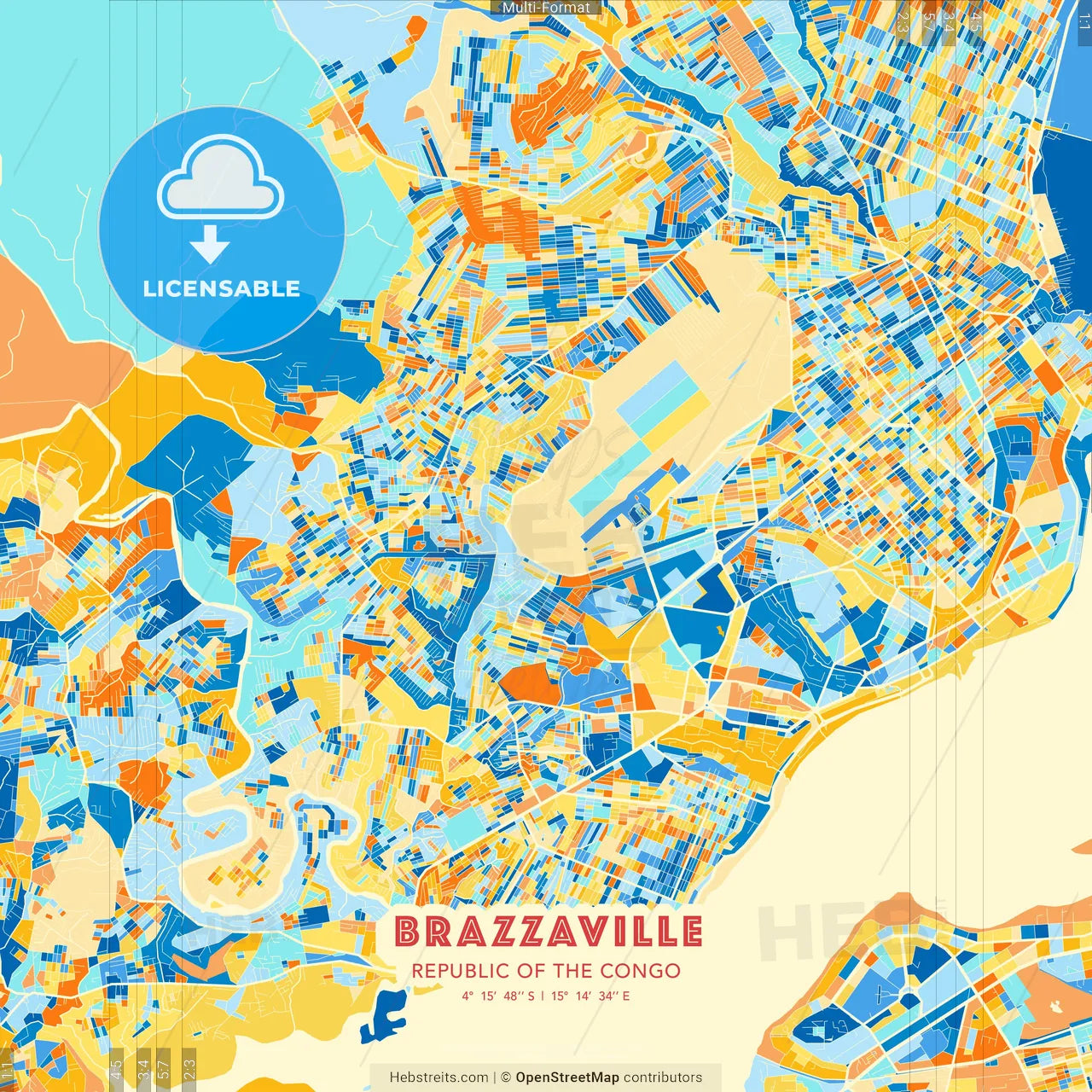 Brazzaville, Republic Of The Congo blue and orange vector art map template