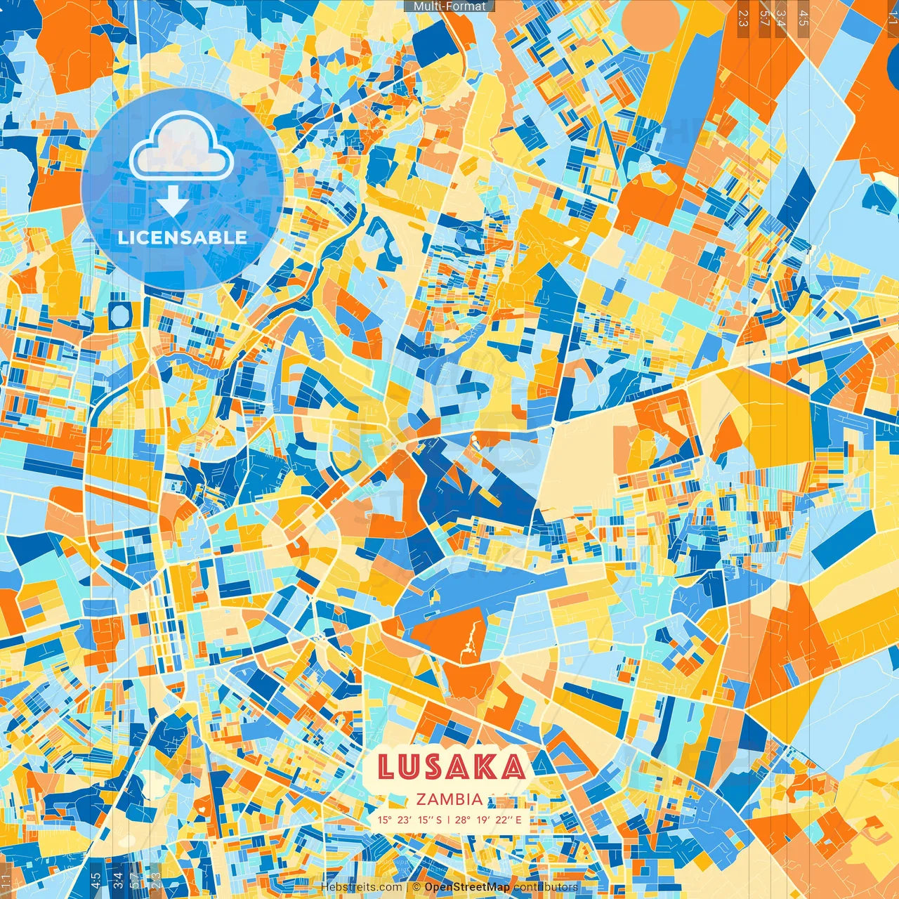 Lusaka, Zambia blue and orange vector art map template