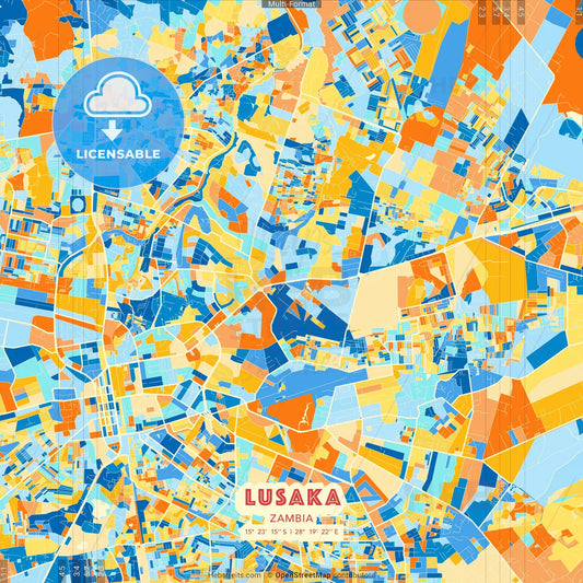 Lusaka, Zambia blue and orange vector art map template