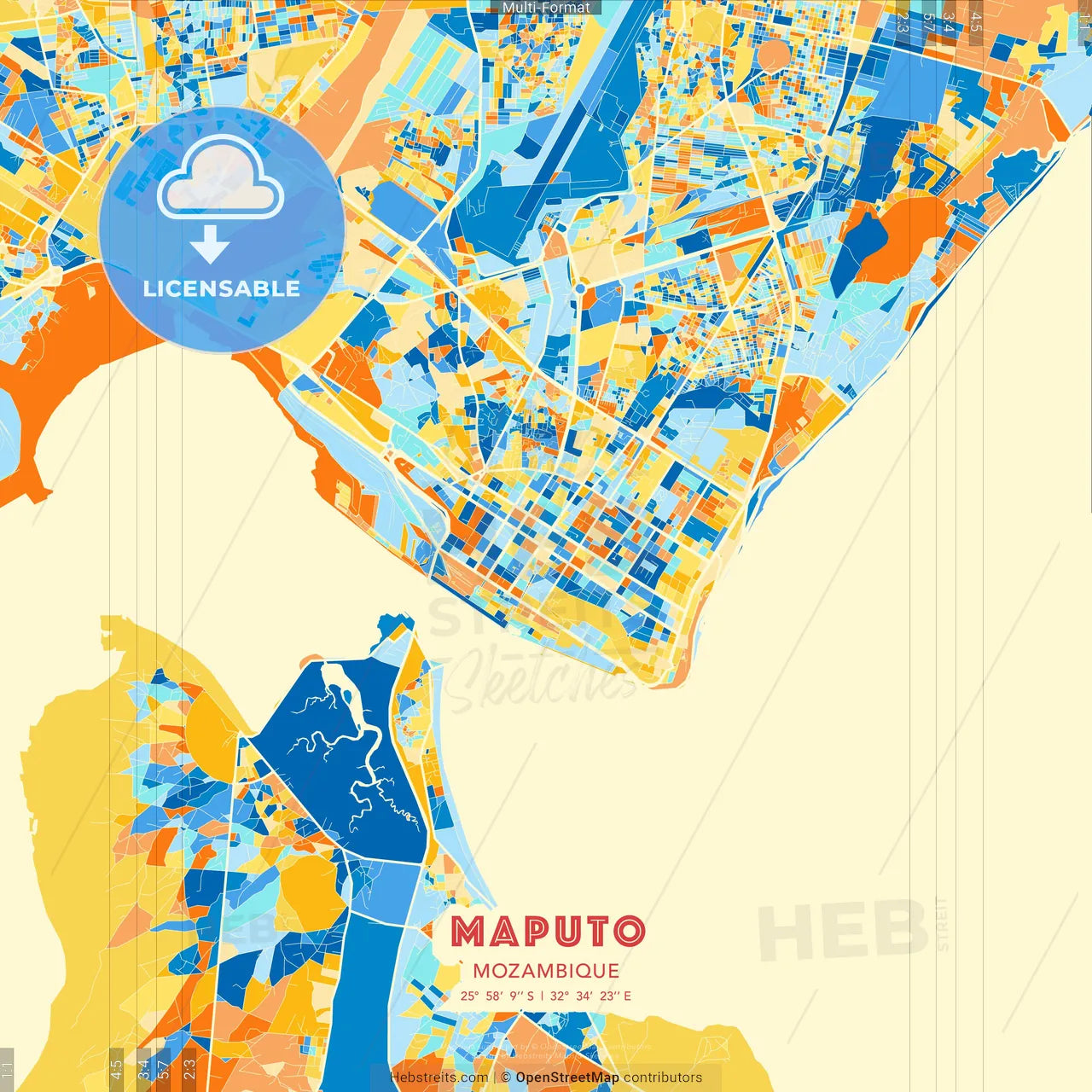 Maputo, Mozambique blue and orange vector art map template