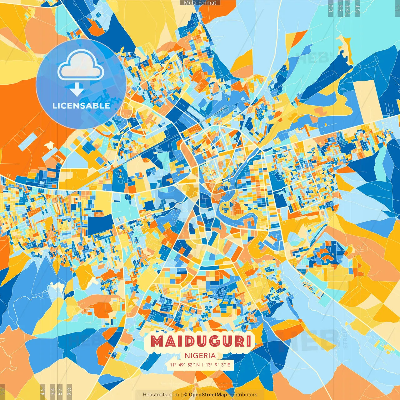 Maiduguri, Nigeria blue and orange vector art map template