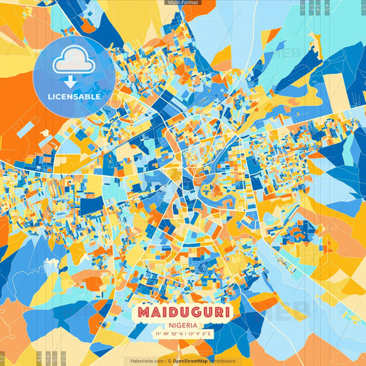 Maiduguri, Nigeria blue and orange vector art map template