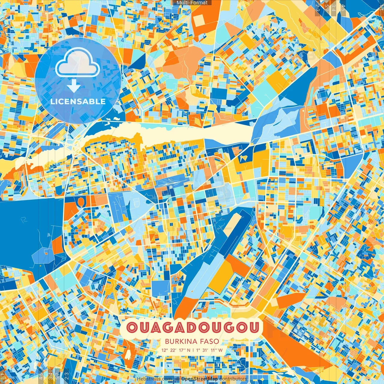 Ouagadougou, Burkina Faso blue and orange vector art map template