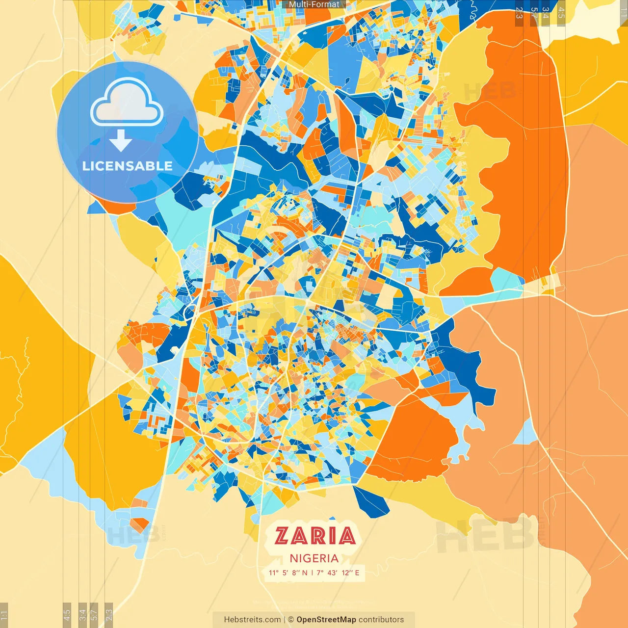 Zaria, Nigeria blue and orange vector art map template