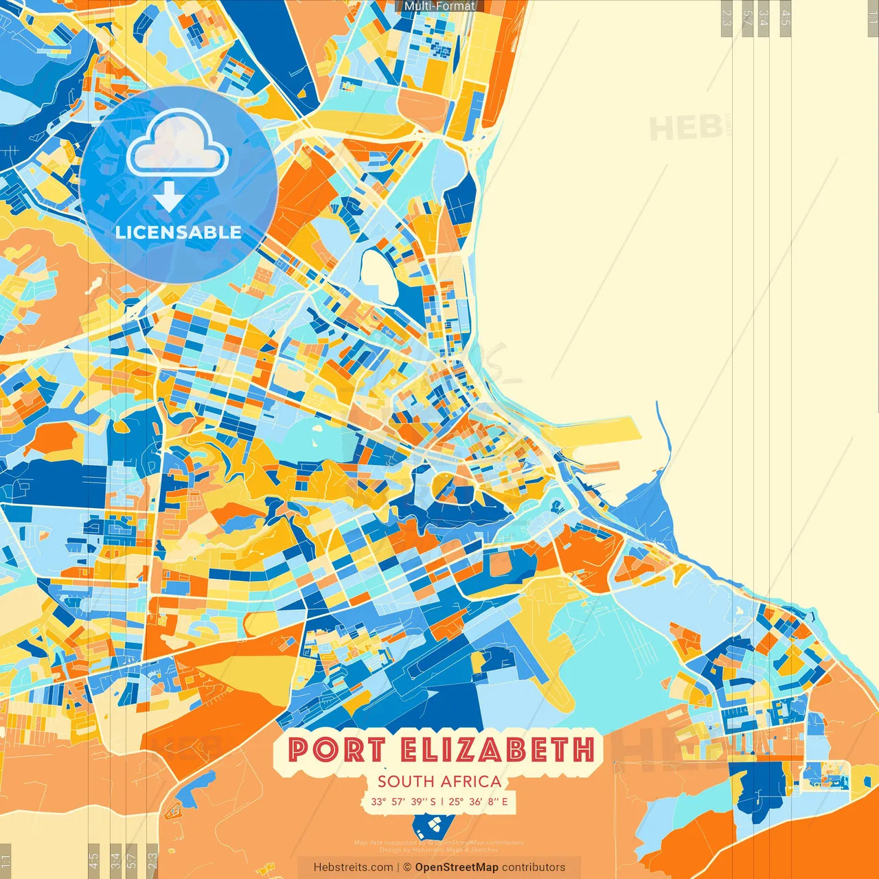 Port Elizabeth, South Africa blue and orange vector art map template